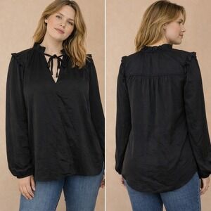 Knox Rose Black Ruffled Neck Tie Neck Long Sleeve Blouse Womens Size S